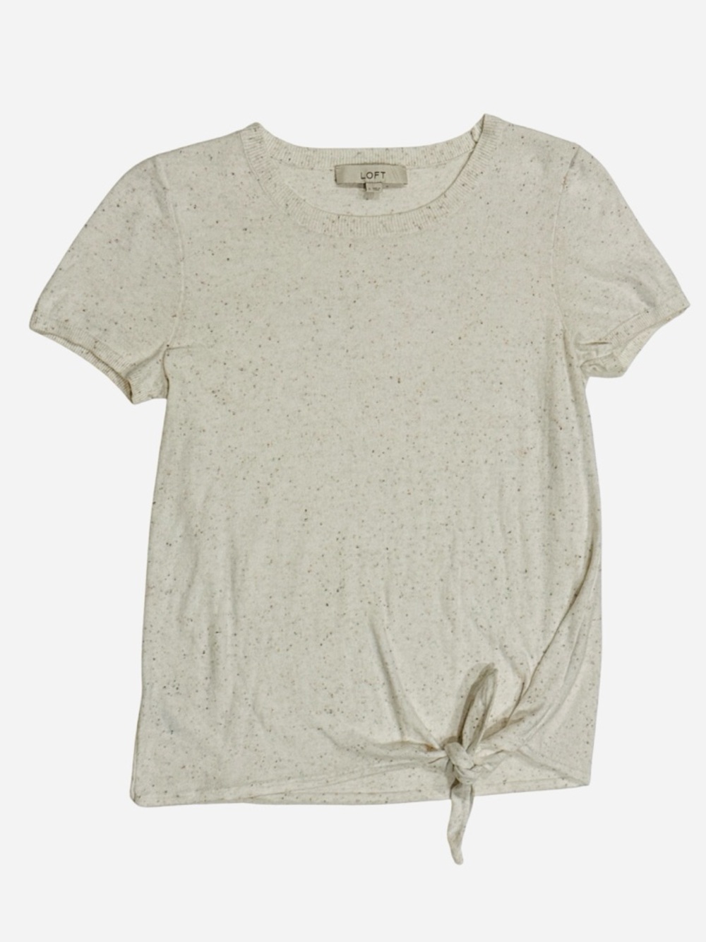 LOFT Cream Speckled Tie-Front Short Sleeve Tee